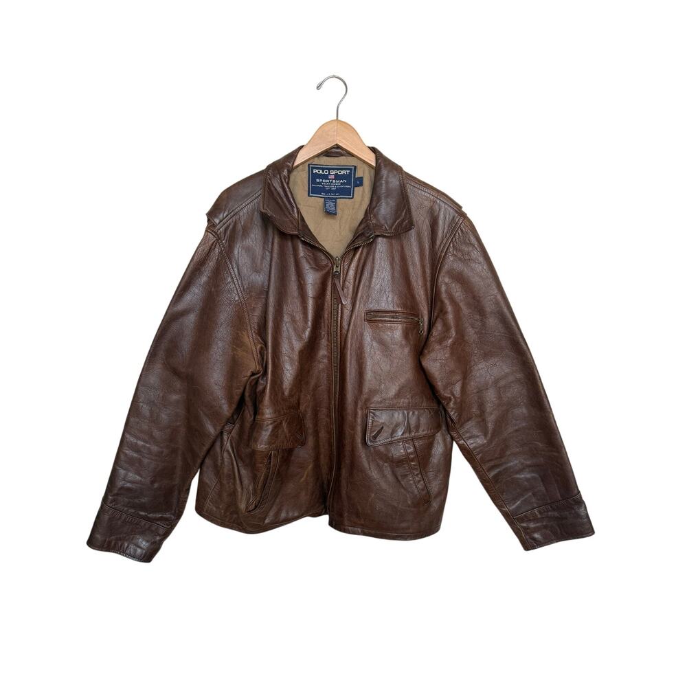 Ralph Lauren Vintage 90s Polo Sport Sportsman Leather Bomber Jacket Mens L Brown